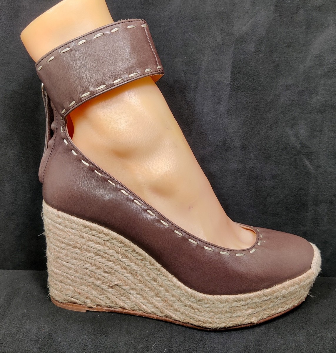 Bettye Muller Brown Leather Wedge Espadrille Shoes Ankle  display picture 1