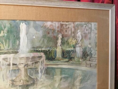 VINTAGE ANTIQUE WATERCOLOR GARDEN FOUNTAIN IN TUILERIES SIGNED G. HOFFMAN - Picture 3 of 7