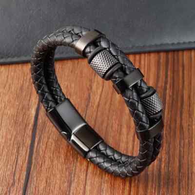 Men's Genuine Leather Braided Bracelet Stainless Steel Magnetic Buckle Bangle