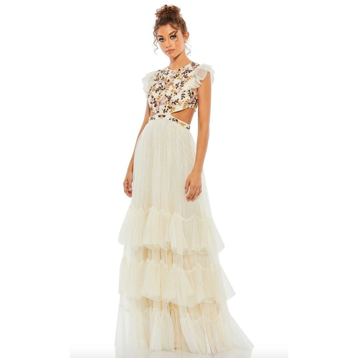 Mac Duggal 35106 Floral Embroidered Tiered Cutout Maxi Dress Size 2 | eBay