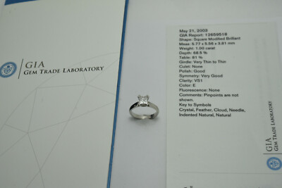 Platinum 1ct E VS1 Princess / Square Brilliant Cut Solitaire Diamond Ring & GIA