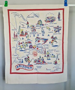 Vintage ARIZONA STATE TABLECLOTH Souvenir 37" x 30" White Cotton MID CENTURY