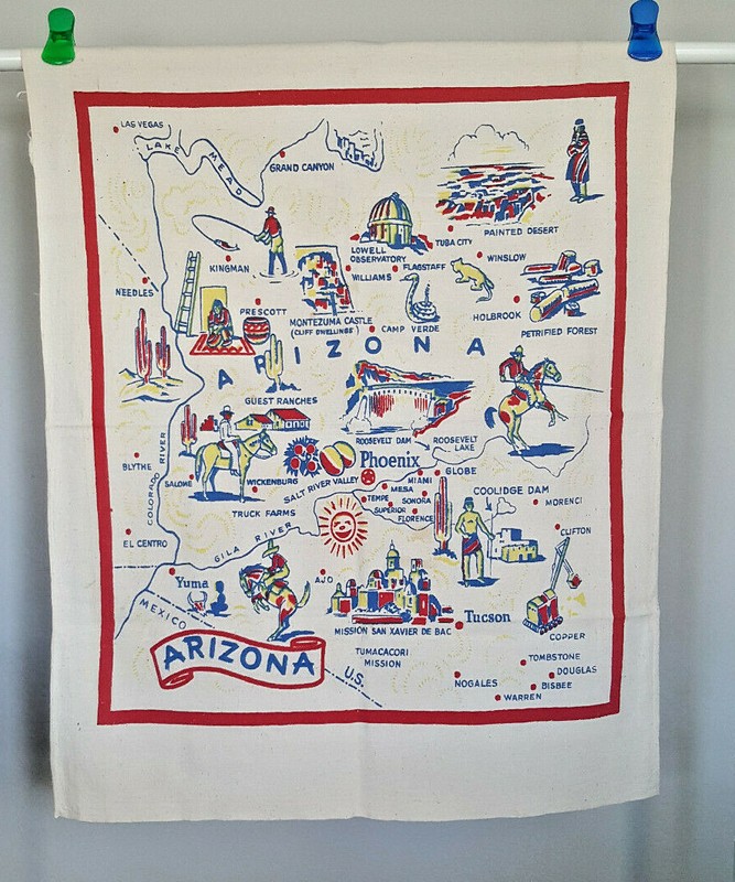 Vintage ARIZONA STATE TABLECLOTH Souvenir 37" x 30" White Cotton MID CENTURY