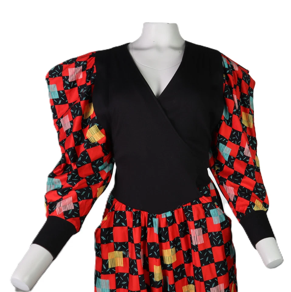 Vtg 80s JEANNE MARC Women’s SP PS MP PM Red Black Print Wrap Jumpsuit Big Sleeve - Image 2 of 4