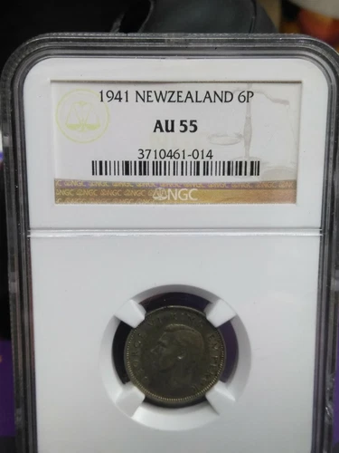 1941 NEW ZEALAND SIX PENCE 6P NGC AU-55 RARE *