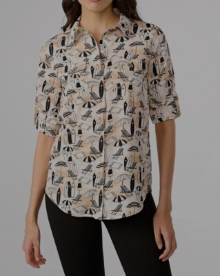 Karl Lagerfeld Paris Summer Scene Print Long Sleeve Blouse Sz L