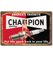 Champion Spark Plug Tin Sign Garage Sign Vintage Replicas 70's Racing Black Red