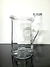 Heavy Ribbed Glass Pitcher w/ Handle & etched glass at top ~ 8" H x 4.5"