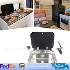 RV Caravan Camper Basin Sink Stainless Steel Hand Wash Basin Sink W/ Lid &Faucet