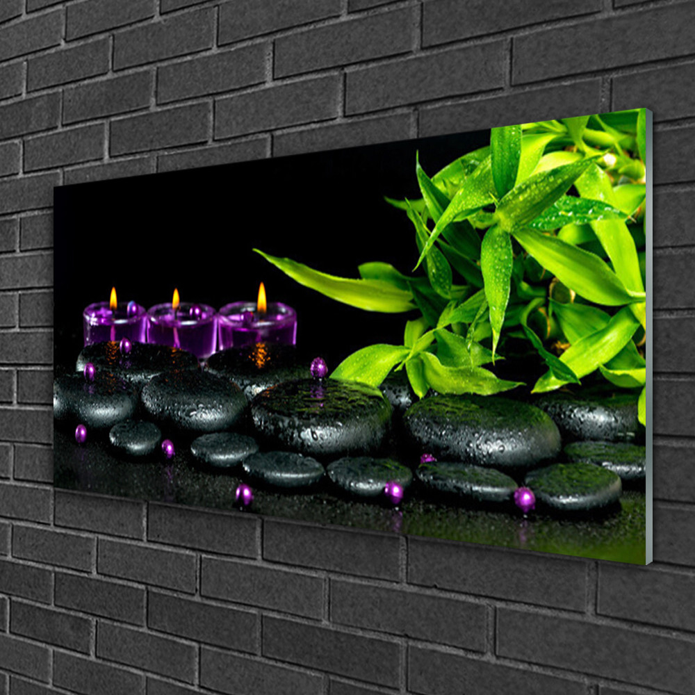Tableau sur verre relaxant 100x50 cm image bougie et feuilles esprit nature