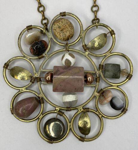 Collier vintage fil torsadé artisan naturaliste pierre pendentif métal maillon boho - Photo 1 sur 12