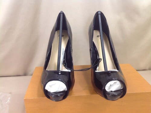 H & M Black Patent Leather Open Toe Stiletto 4" Heel Women's SZ 7 - Picture 3 of 7