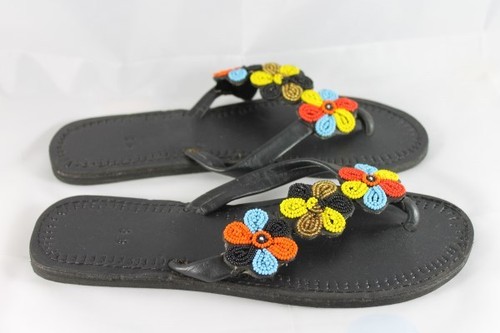 Sandals Gorgeous Hand Crafted Flower-Beaded Kenya Leather Sandals Free Postage - Picture 2 of 4