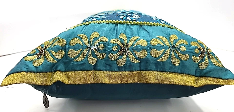 Pier 1 Imports Embroidered Beaded Teal Gold Lace Bolster Pillow - Image 3 of 4