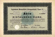 Vogtländische Webstuhlfabrik AG 1921 Plauen Vogtland Sachsen Textil Gründeraktie