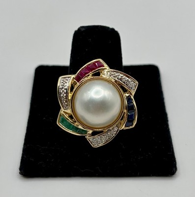14k Yellow Gold Pearl Ring with Natural Rubies, Emeralds, Sapphires, & Diamonds