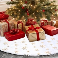 Christmas Tree Skirts 72 Inches, White Faux Fur Christmas Tree Skirt with Gol...