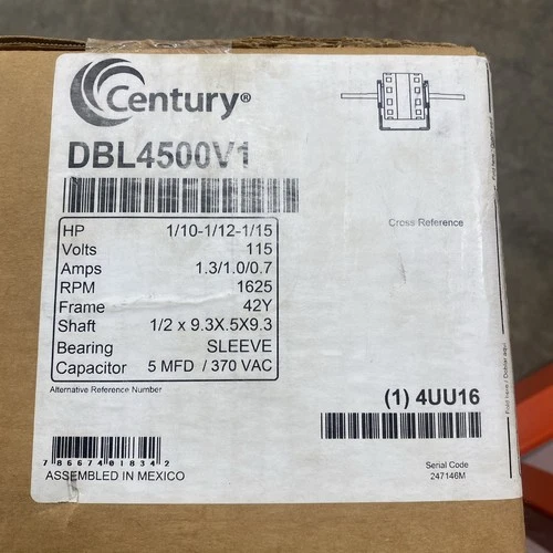Century HVAC Electric Motor DBL4500V1 115V AC, 1/2" X 9.3” Shaft, 1 PH 1625 RPM