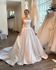 A-line Satin Simple Wedding Dresses Strapless Sleeveless Bridal Dress Long