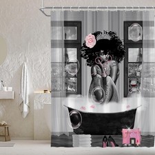 Black Girl Shower Curtains for Bathroom, Grey Eiffel Tower Pattern, African