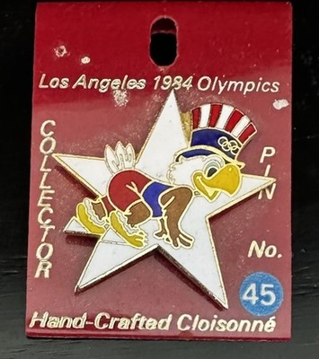 SAM THE EAGLE 1984 Olympics Cloisonne Lapel Pin Back #45 With Original Card