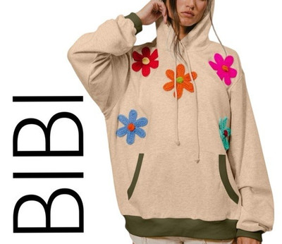 Bibi knit emboriery patched flowers cream hoodie ribbed trim woman Sz L