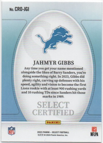 Jahmyr Gibbs 2023 PANINI SELECT FOOTBALL Select Certified Rookies #CRO-JGI Lions - Picture 2 of 2