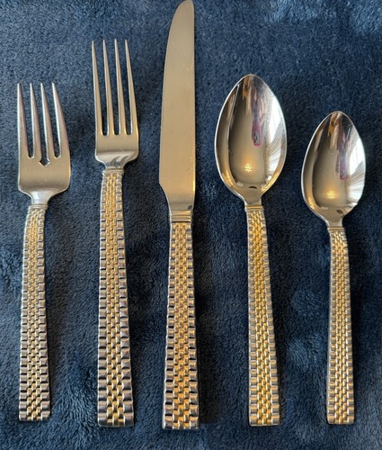 Vintage 90s Ralph Lauren Golden Watchband Stainless Flatware Set 5-Piece Setting
