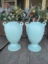 Vintage 1950s Royal Haeger Turquoise Swirl Double Handled Urn Vases (2)