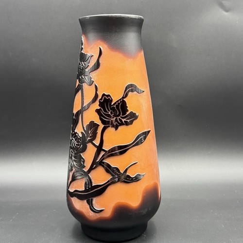 Galle Style Etched Cameo Glass Flower Vase 10.5 Black Brown Candle Hurricane Vtg - Picture 2 of 9