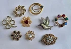 Vintage Costume Jewelry Pin Lot (9) Round one with Colored Stones is 12K GF)