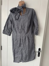 Vintage Blue White Pattern Pussybow Midi Dress Womens UK 12 14 Retro