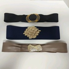 Vintage 1980 Fashion Belts Elastic Faux Leather Gold Tone Buckle Sm/M Set 3