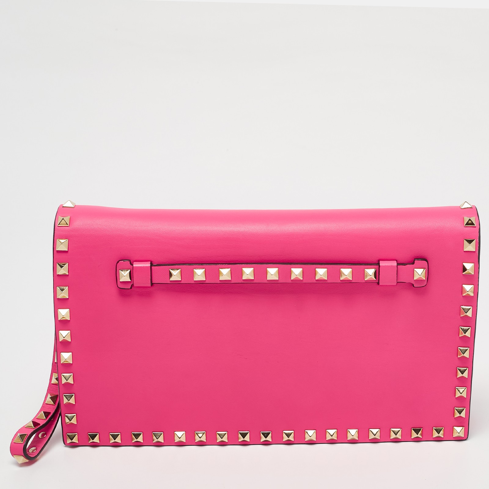 Valentino Rockstud Leather Flap Wristlet Clutch in Hot Pink