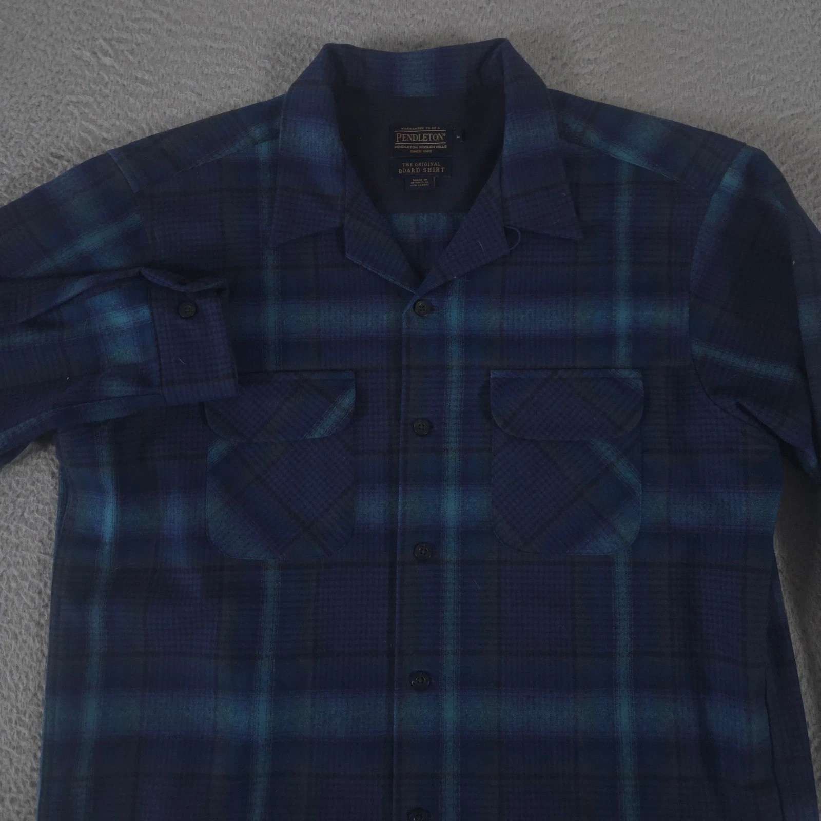 Pendleton Shirt Mens Large Blue Board Plaid Wool Flannel Camp Loop Button Up