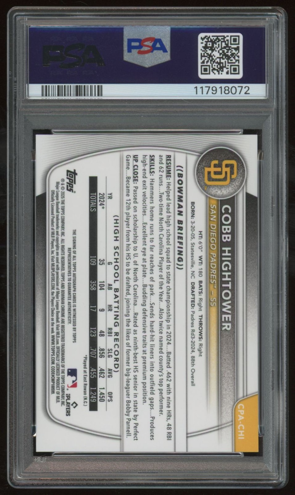 COBB HIGHTOWER 2025 BOWMAN CHROME AUTO PSA 10 view 2