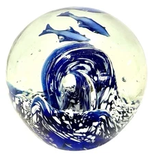 Art Glass Orb Paperweight 4” Sphere Handblown Blue Ocean Waves & Dolphins/ Fish