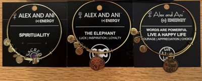 Alex and Ani Bracelet Lot 3 Gold - Amethyst Stone, Elephant, Happy Life w/Cards