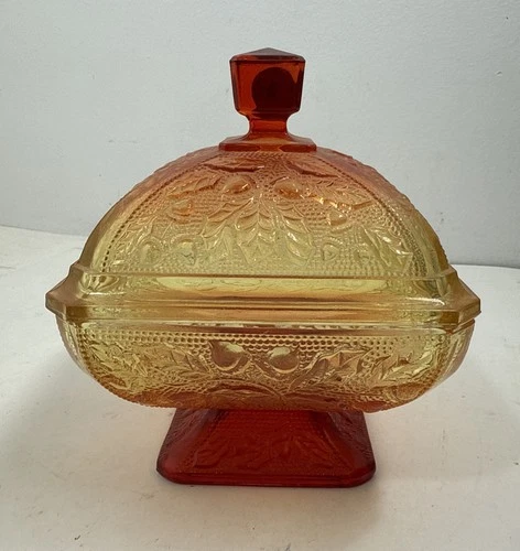 Vintage Indiana Glass Lidded Amberina Footed Candy Dish, Acorn Fall Theme