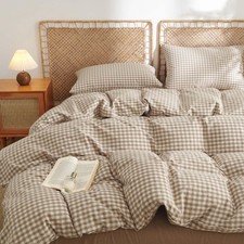 Gingham Duvet Cover Queen Size 100 Washed Cotton Brown Tan Plaid Checkered C...