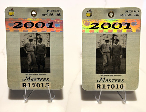 2001 Masters Tournament Golf Ticket Badge Pass- 2 consecutively numbered tickets