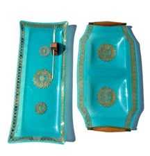 2 Georges Briard Glass Serving Trays Regalia Turquoise Teal Wood Handled VTG MCM
