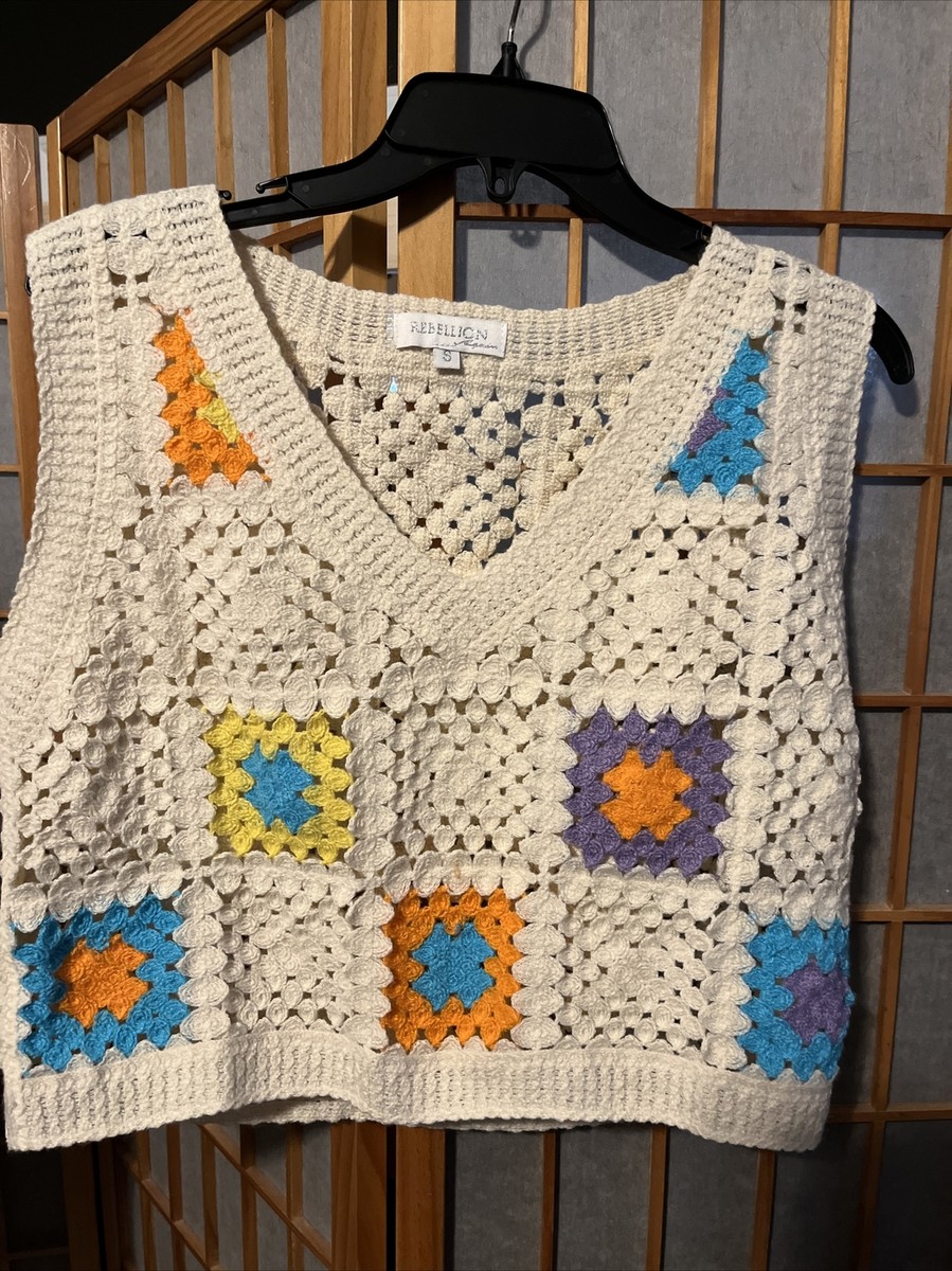 Rebellion Crochet Tank Top Boho Patchwork Crop Open Weave