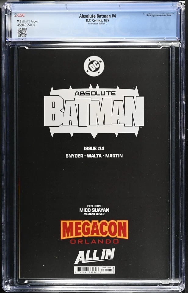 Absolute Batman #4 CGC 9.8 Suayan Megacon Convención Edición C 500 Certificado de Autenticidad BTC Dorado Foto 2 de 2