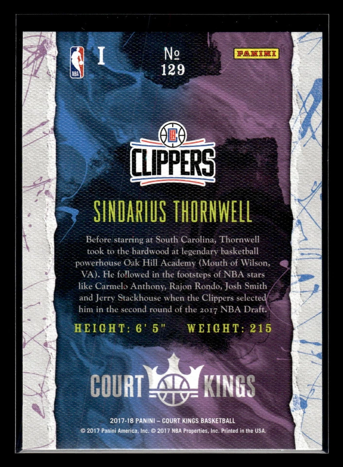 2017 Panini Court Kings #129 Sindarius Thornwell Level 1 I Rookie Mint+ New - Image 2 of 2
