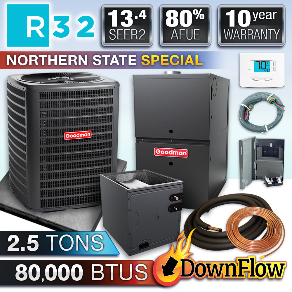 Goodman 2.5 Ton R32 Air Conditioner & 80% Downflow 80000 BTU Gas Furnace System