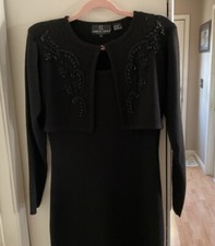 Vintage Woman Black Knit Wool Jacket Dress Carole Little Beaded Size S