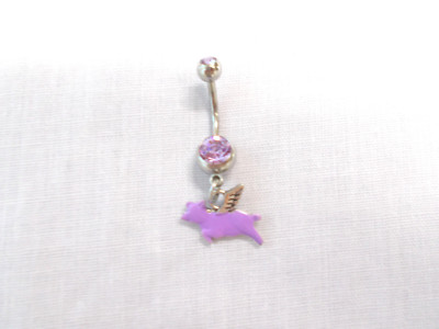 FLYING PIG w PURPLE ENAMEL BODY & SILVER WINGS CHARM 14g LAVENDER CZ BELLY RING
