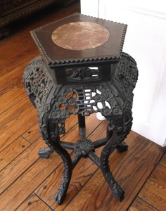 Chinese antique carved table with pentagon top and round marble insert
