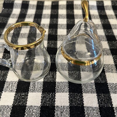 Vintage Glass Creamer and Sugar Bowl with Pear Shaped Glass Lid #rare #pear
